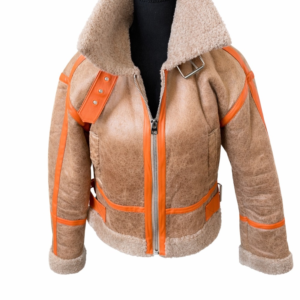 BDG Urban Outfitters Tan Faux Shearling Orange Trim Aviator Jacket XS